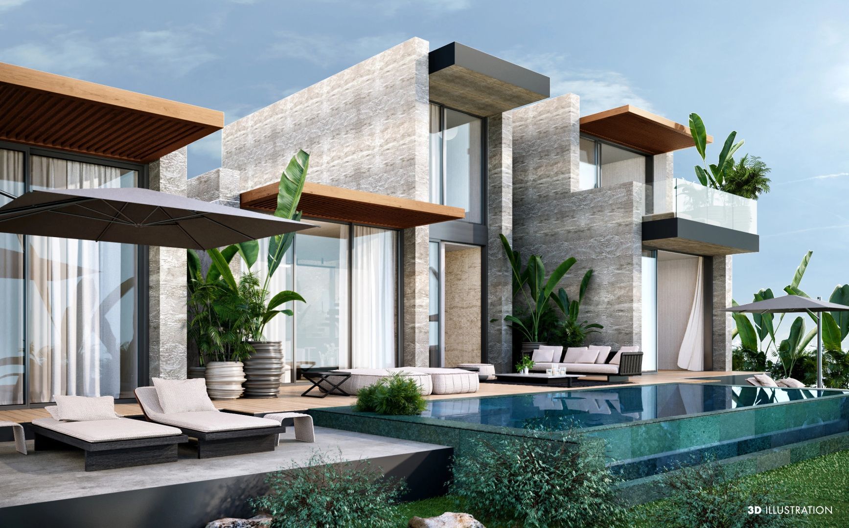 Moderne Hotelvilla aus Naturstein mit privatem Swimmingpool und Sonnenterrasse
