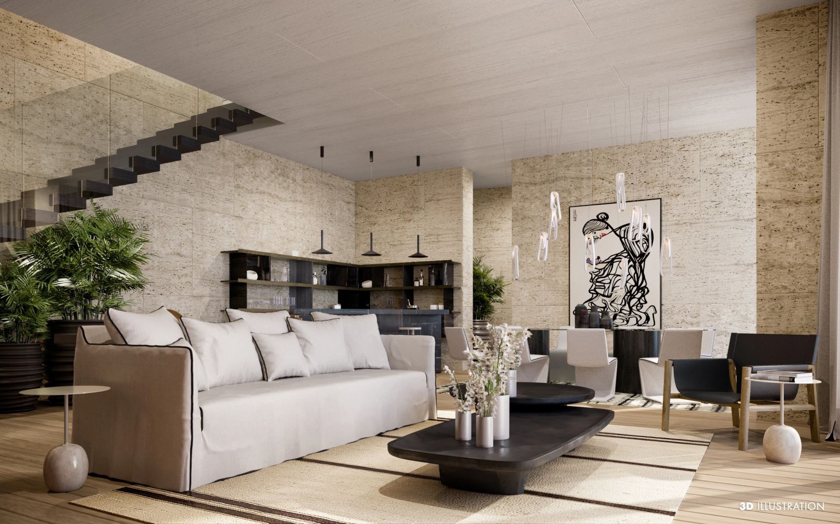 Großzügiges Wohnzimmer mit beigem Sofa, niedrigen Couchtischen und Natursteinwänden.