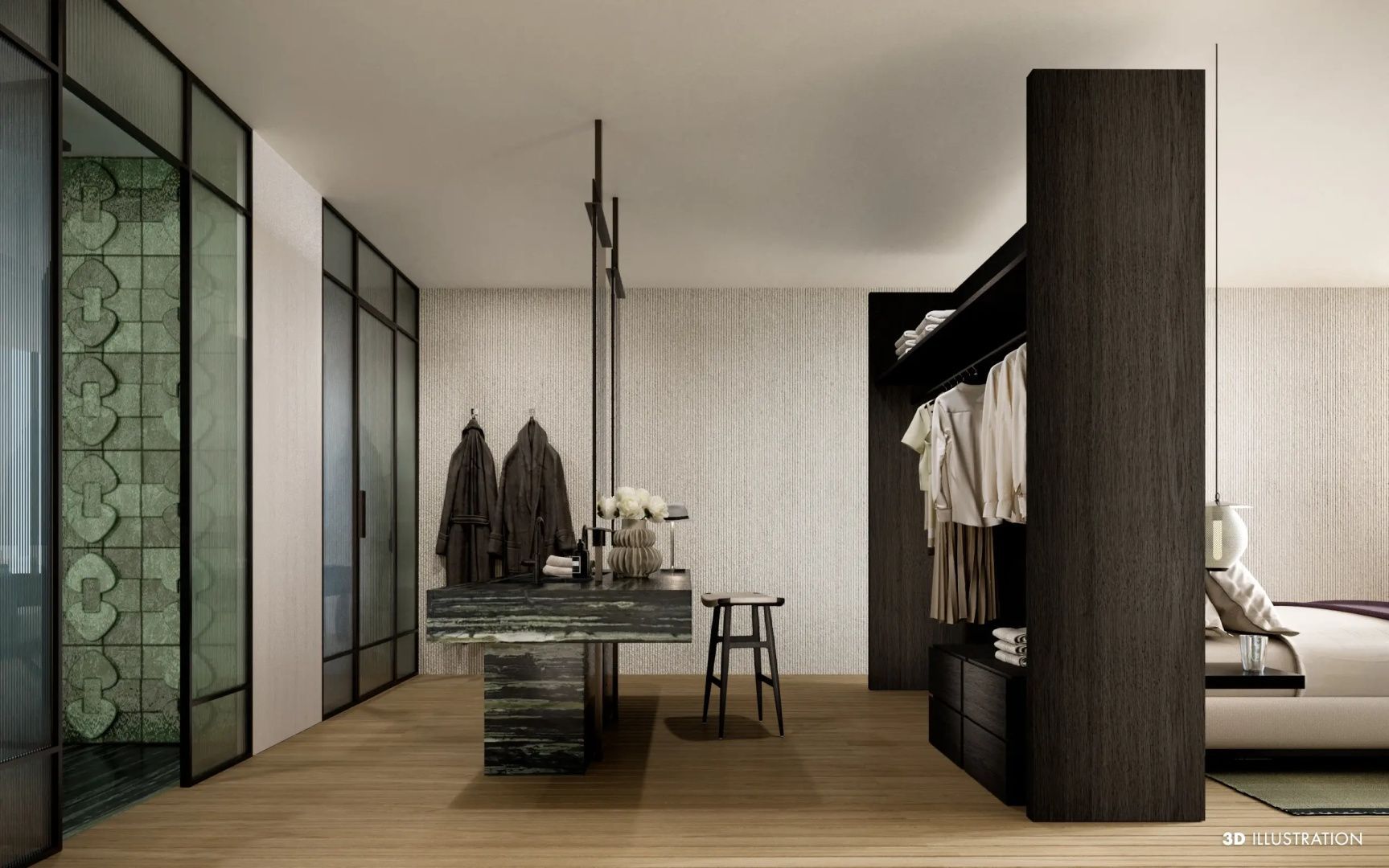 Ankleidezimmer mit dunklem Kleiderschrank, Marmortisch, Hocker und Bademänteln