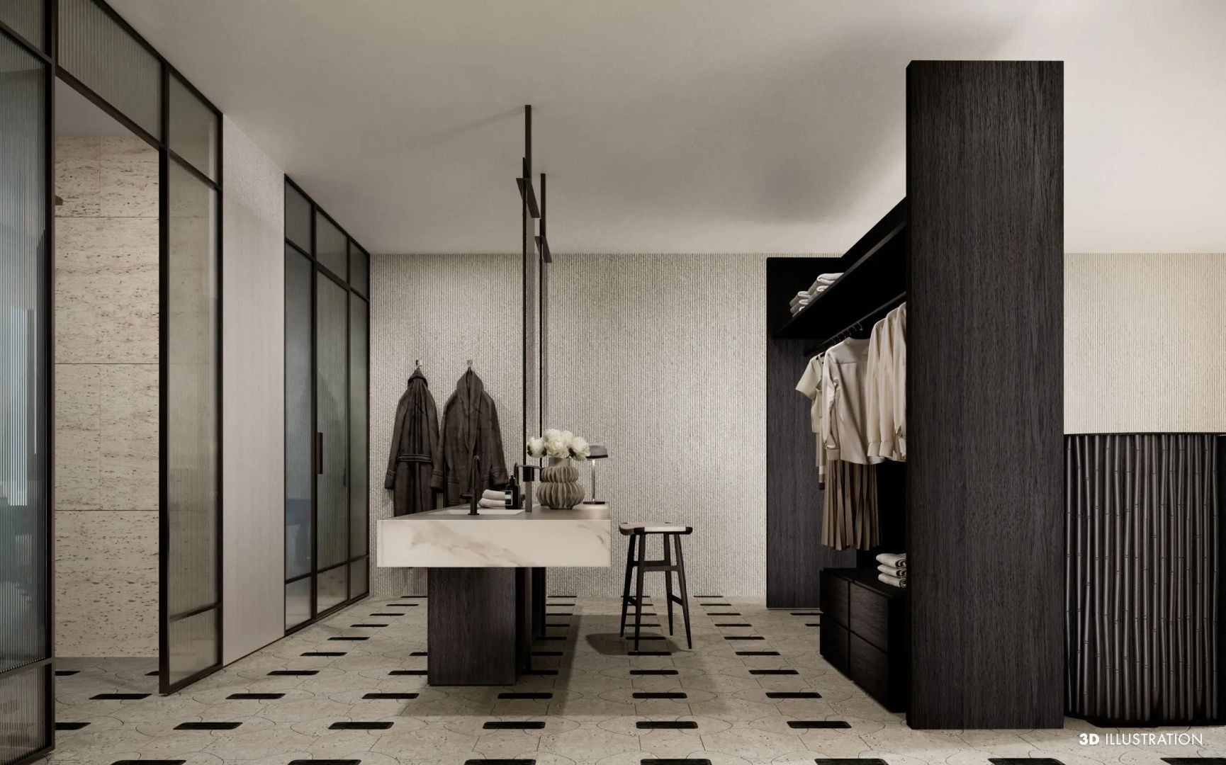 Ankleidezimmer mit offenem Kleiderschrank, Schminktisch und Hocker auf Fliesenboden.