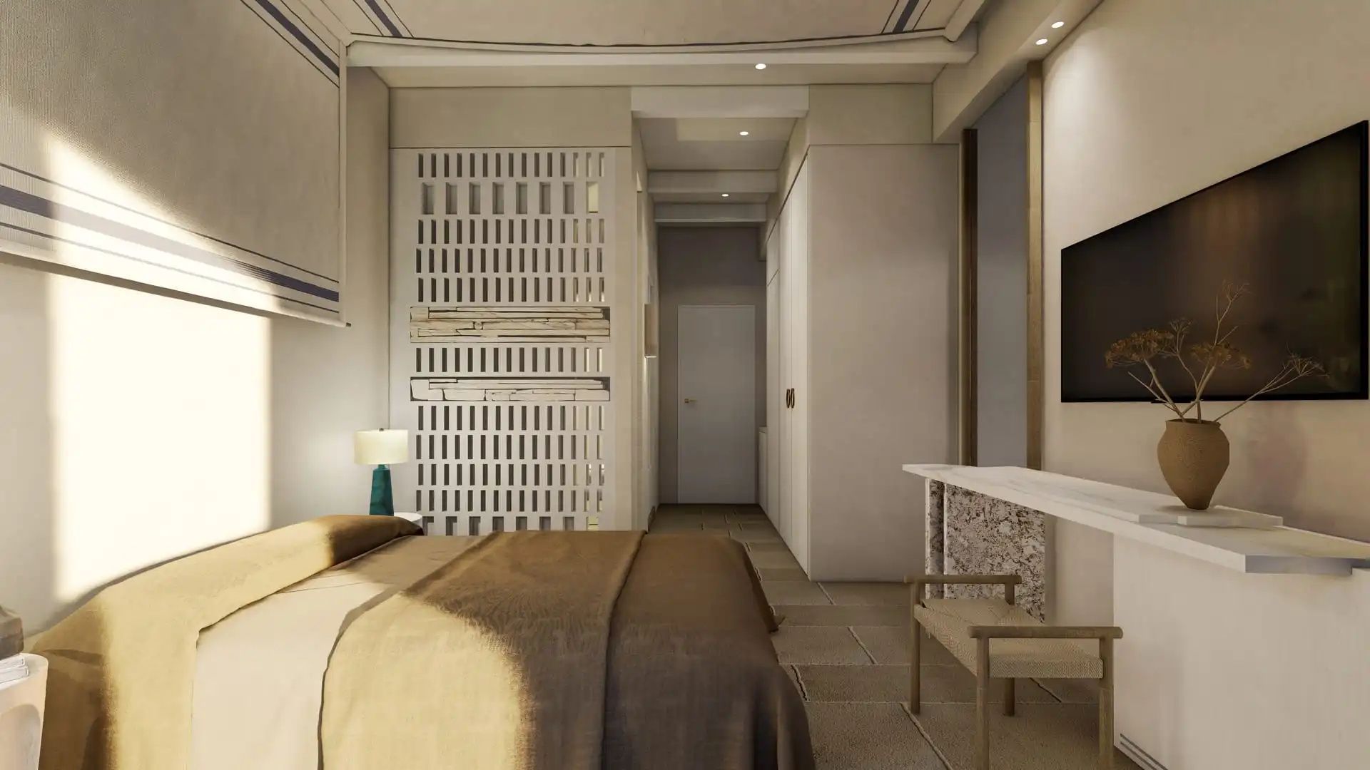 Modernes Hotelzimmer mit Doppelbett, einem getrennten Flur und hellem Dekor