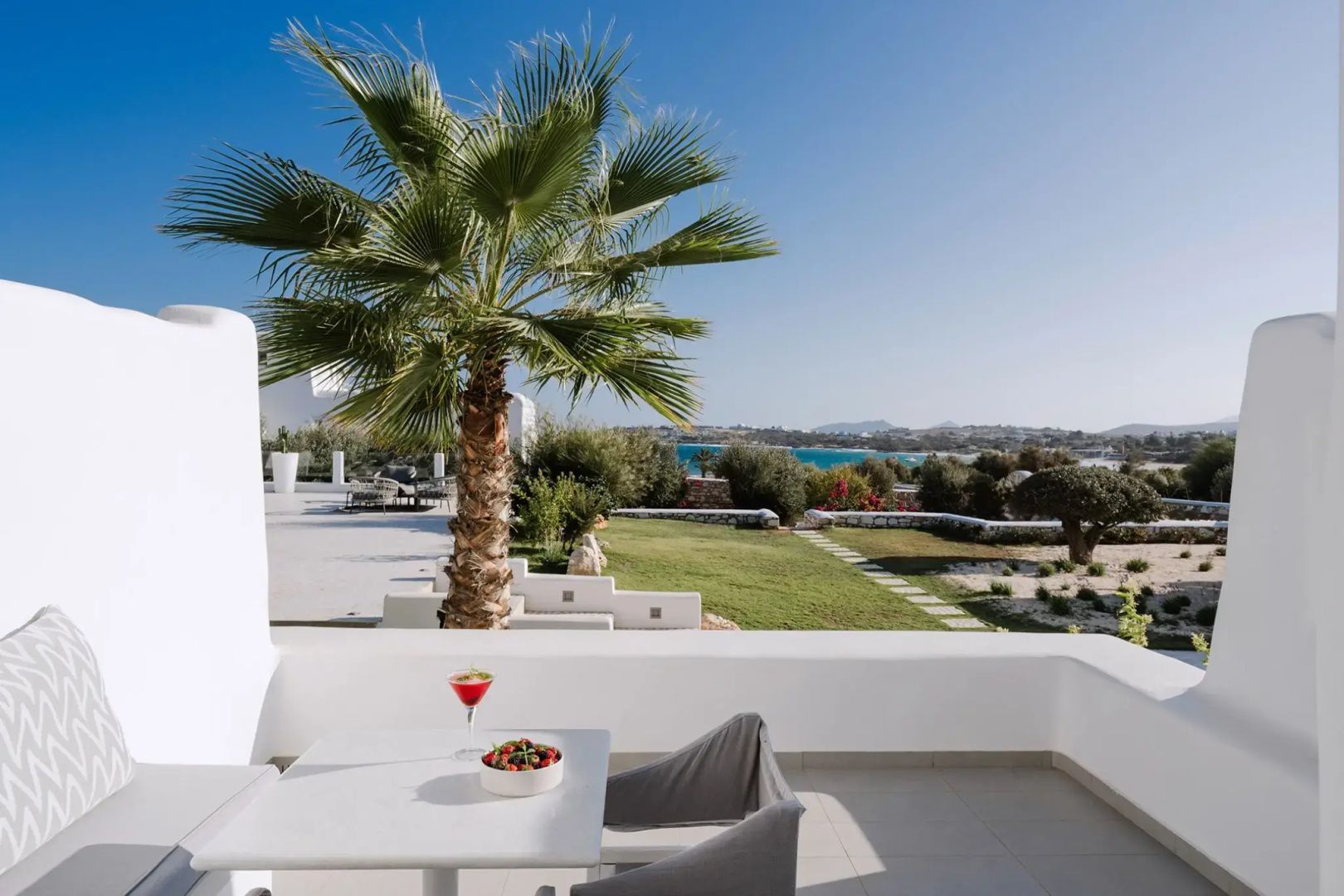 Terrasse mit Tisch, Getränk und Obst, eine Palme und Blick auf den Garten und das Meer.