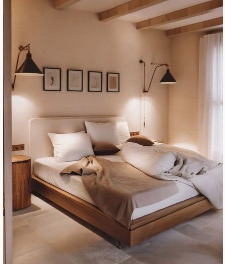 Doppelbett mit beigefarbener Bettwäsche, Wandleuchten und vier kleinen Bildern an der Wand.