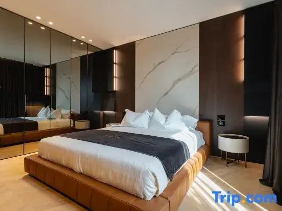 Großes Doppelbett mit ledernem Rahmen und verspiegeltem Kleiderschrank.