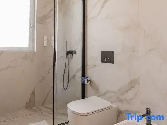 Blick in den Duschbereich und auf die Toilette im marmorierten Badezimmer.