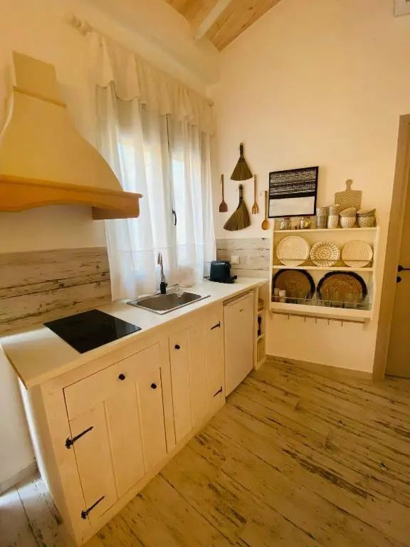 Helle Küchenzeile aus Holz mit Kochfeld, Spülbecken und dekorativen Regalen an der Wand.