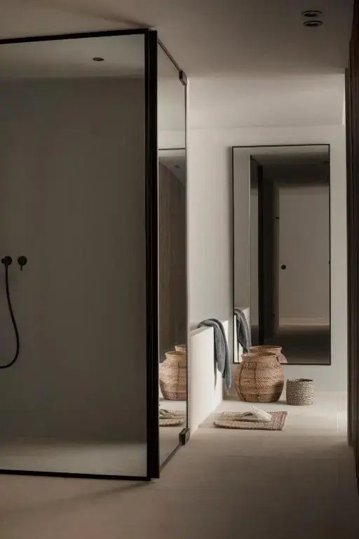 Badezimmerbereich mit großem Wandspiegel und geflochtenen Aufbewahrungskörben.