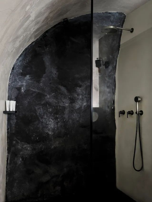 Badezimmer mit dunkler Duschwand, Regendusche und separater Handbrause an der Wand.