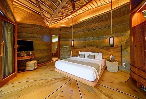Geräumiges Schlafzimmer mit Doppelbett, geschwungener Decke aus Bambus und Holzfußboden.