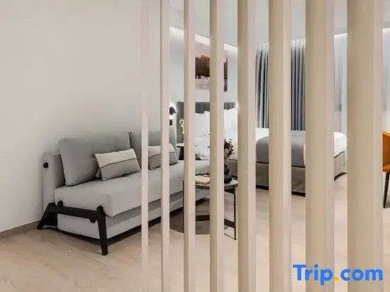 Moderner Wohnbereich mit grauer Schlafcouch und Blick auf das Doppelbett hinter einem Raumtrenner.