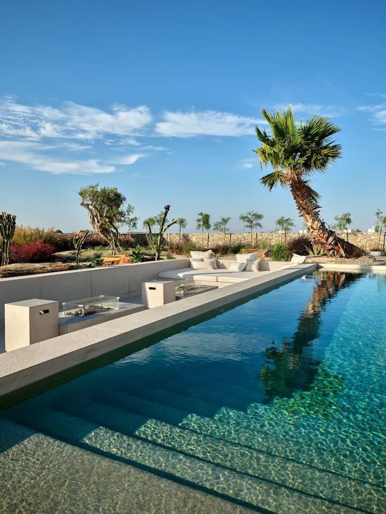 Swimmingpool mit abgesenktem Loungebereich und Palmen im Außenbereich.