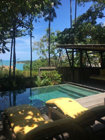 Holzterrasse mit zwei gelben Sonnenliegen an einem privaten Pool im Grünen.