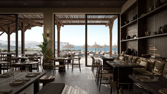 Restaurant To Kima im OKU Bodrum mit Holzpergola und Blick auf den Pool